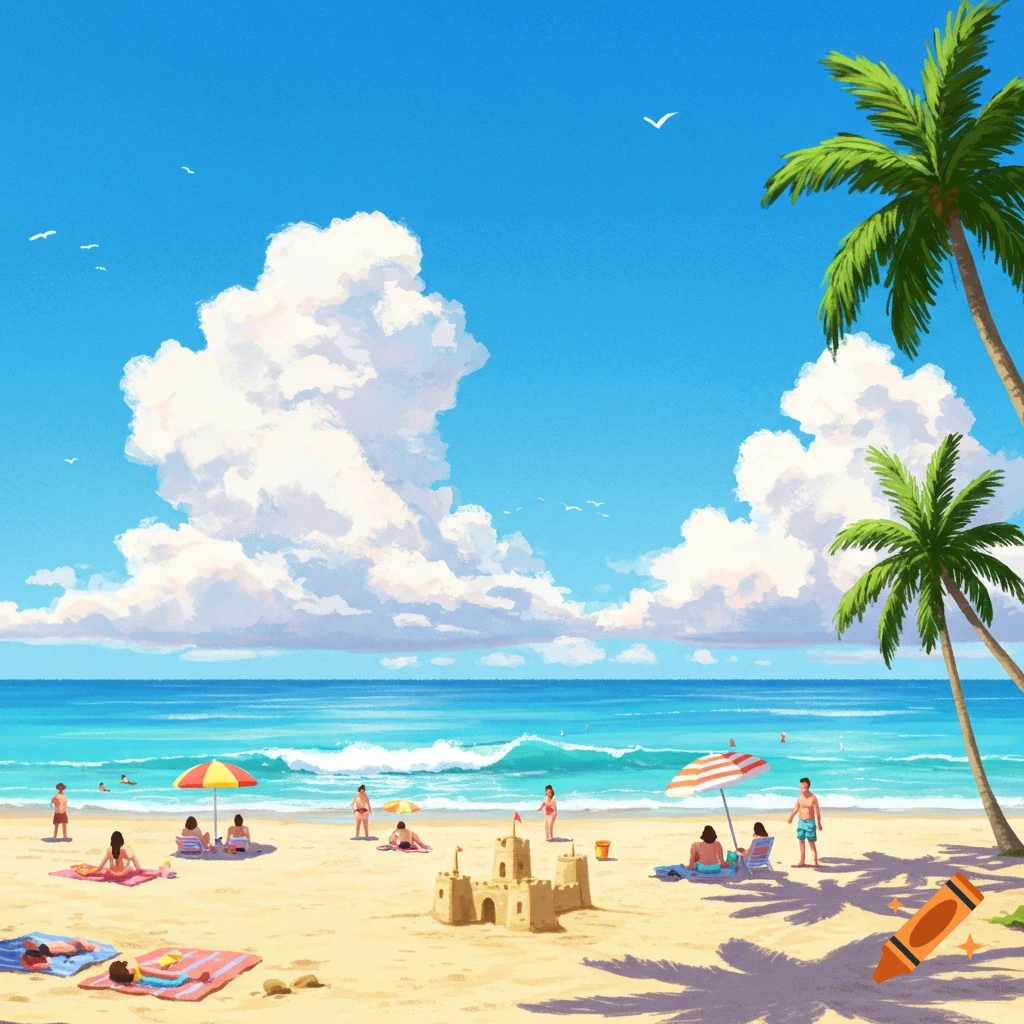 A sunny beach scene with people swimming and sunbathing, a sandcastle, and palm trees under a clear blue sky.