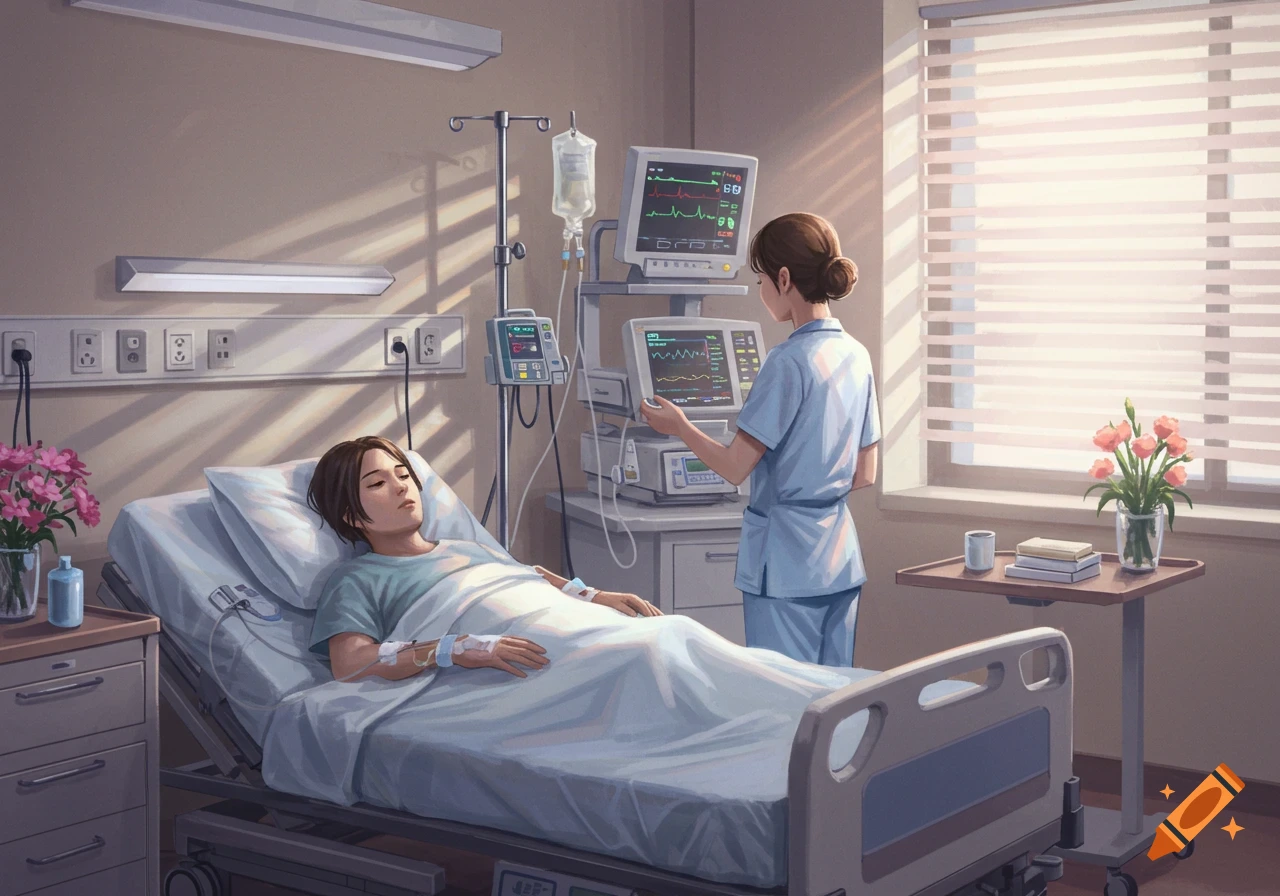 An illustrated scene of a patient lying in a hospital bed with a nurse adjusting medical equipment nearby.