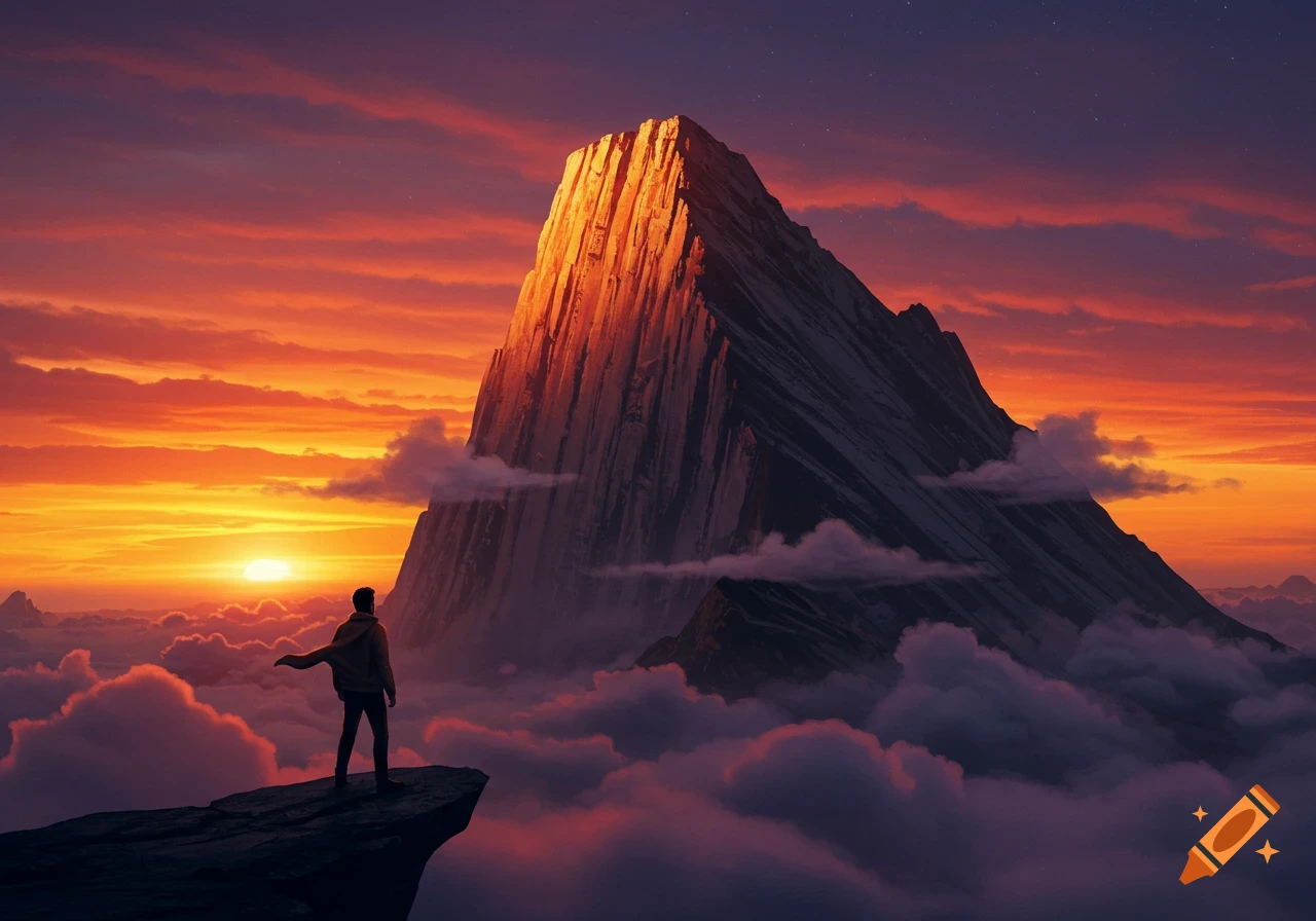 A lone man stands on a cliff, gazing at a massive mountain illuminated by a vibrant orange and red sunset over a sea of clouds.