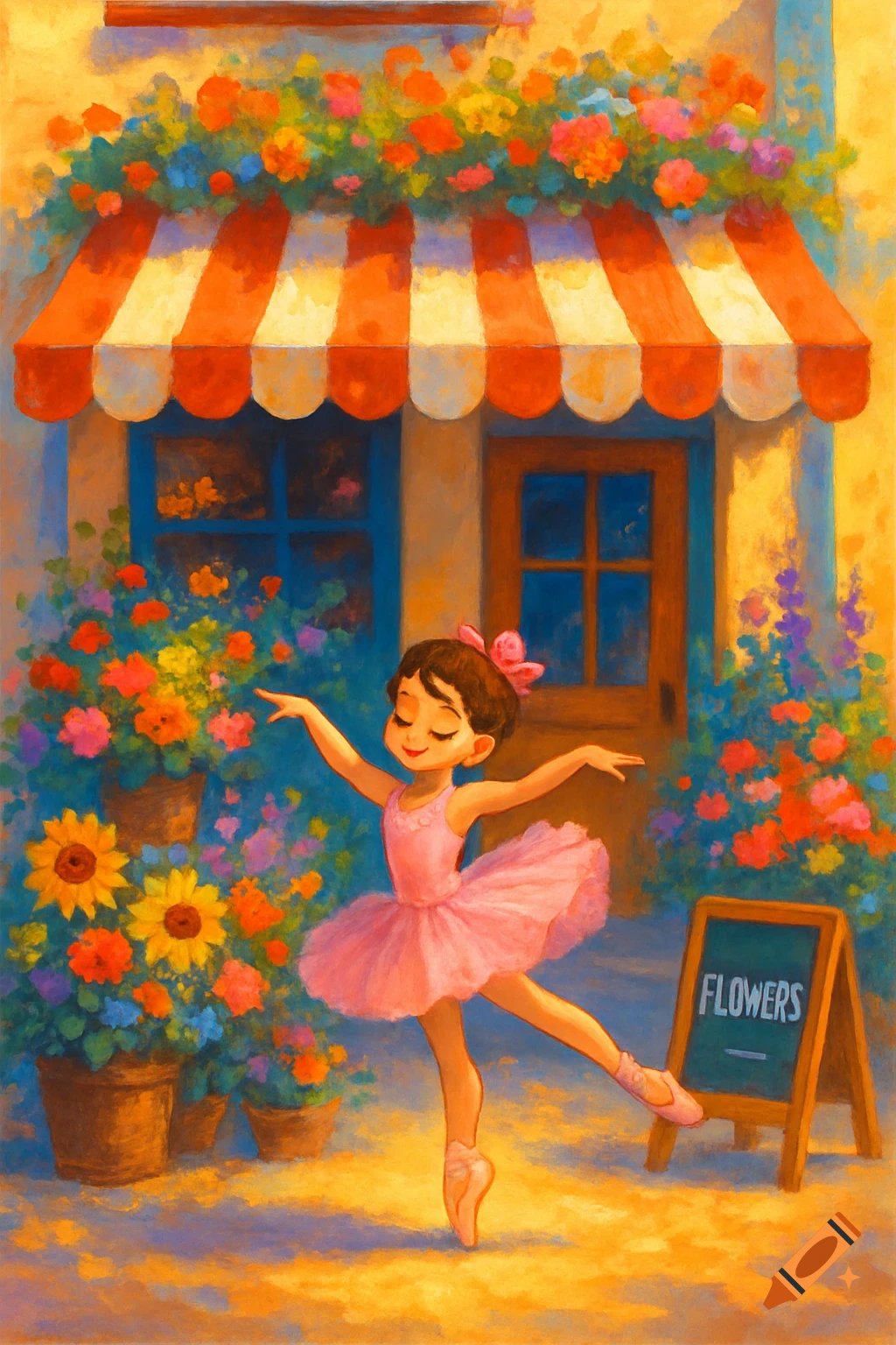A little ballerina in a pink tutu dances gracefully in front of a colorful flower shop under a striped awning. Painterly style.