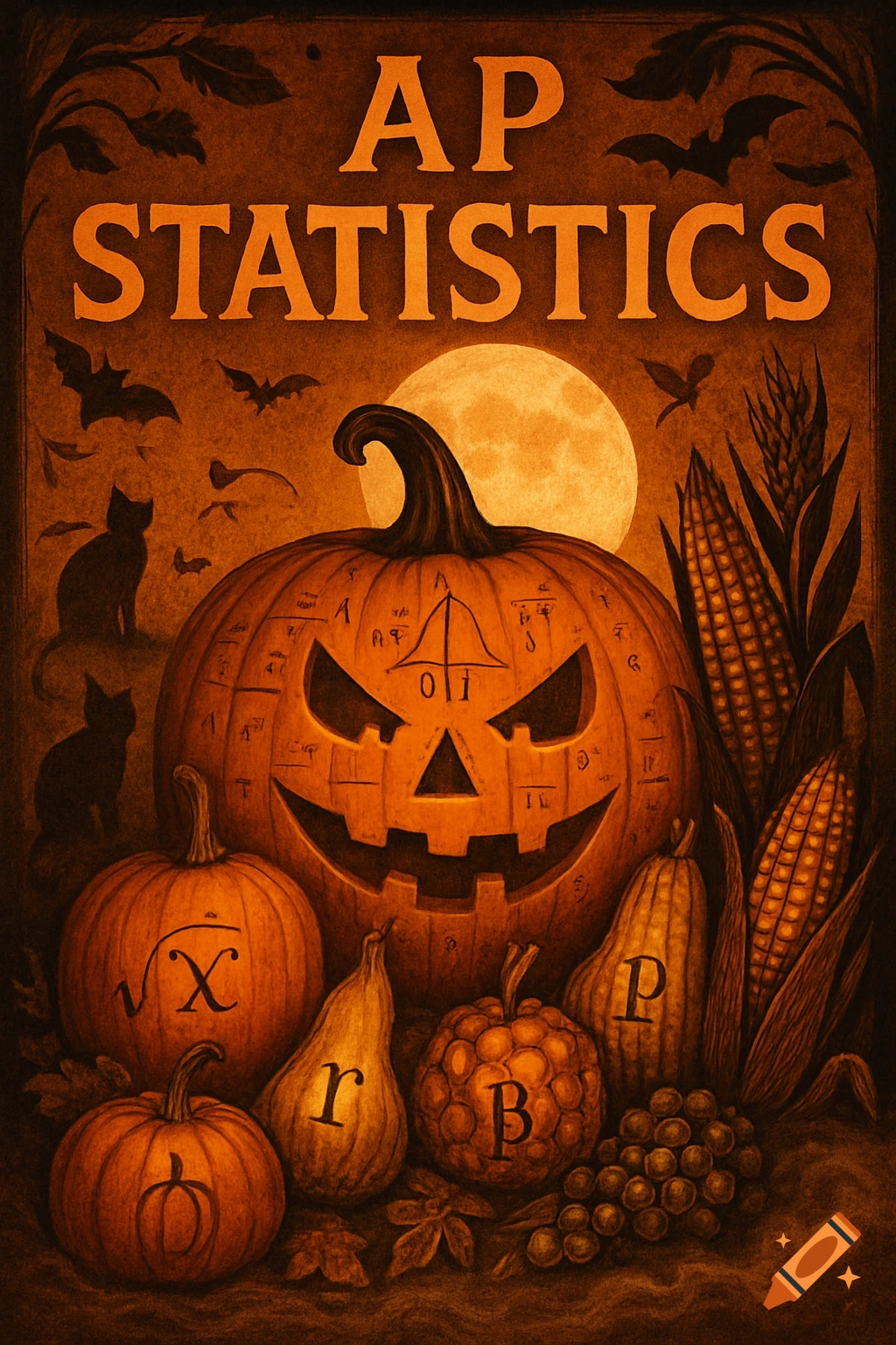 Vintage Halloween and harvest poster for AP Statistics, with jack-o'-lanterns, corn, grapes, cats, and mathematical symbols under a full moon.