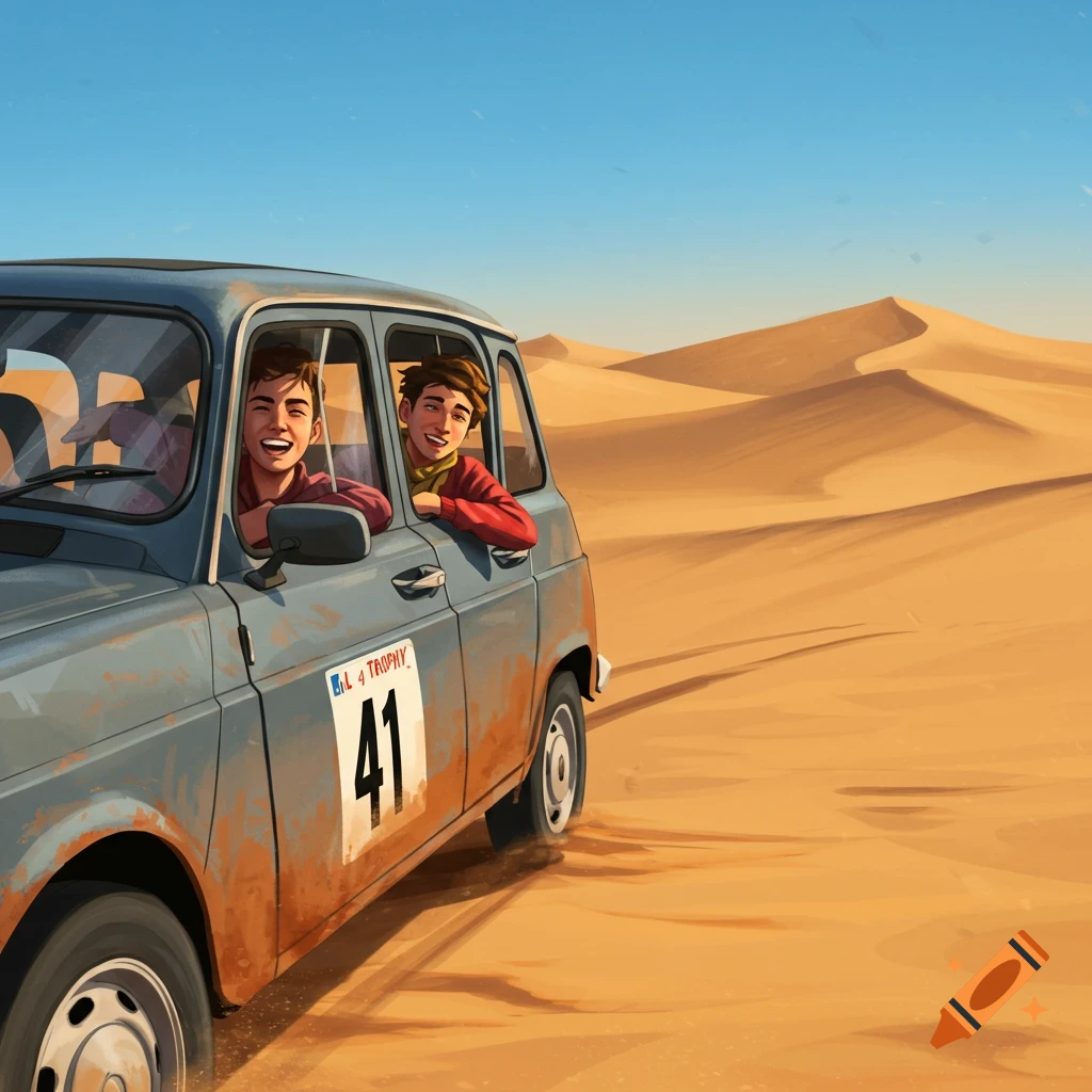 Two happy men in a vintage grey car, marked "4L TROPHY 41", drive through a sandy desert with dunes under a clear blue sky. Illustration.