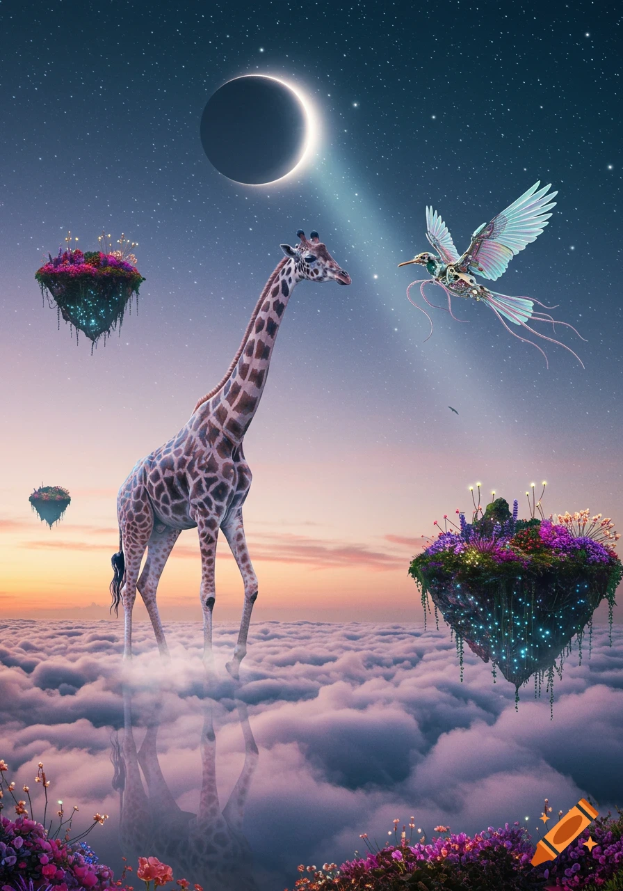 A surreal giraffe in clouds with a crescent moon, mechanical bird, and glowing floating islands in a starry twilight sky.