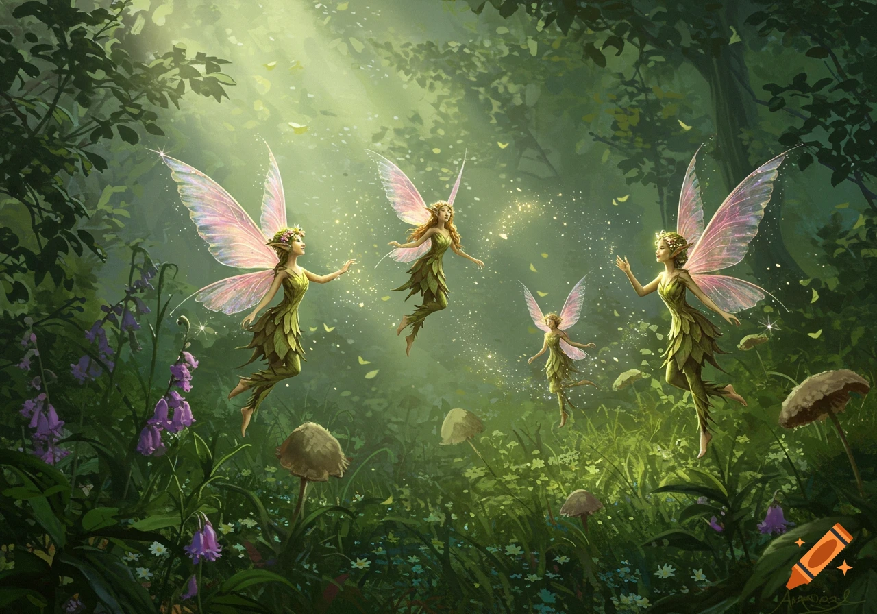Four glowing fairies with pink wings fly through a sunlit, mystical green forest with purple bellflowers and mushrooms.