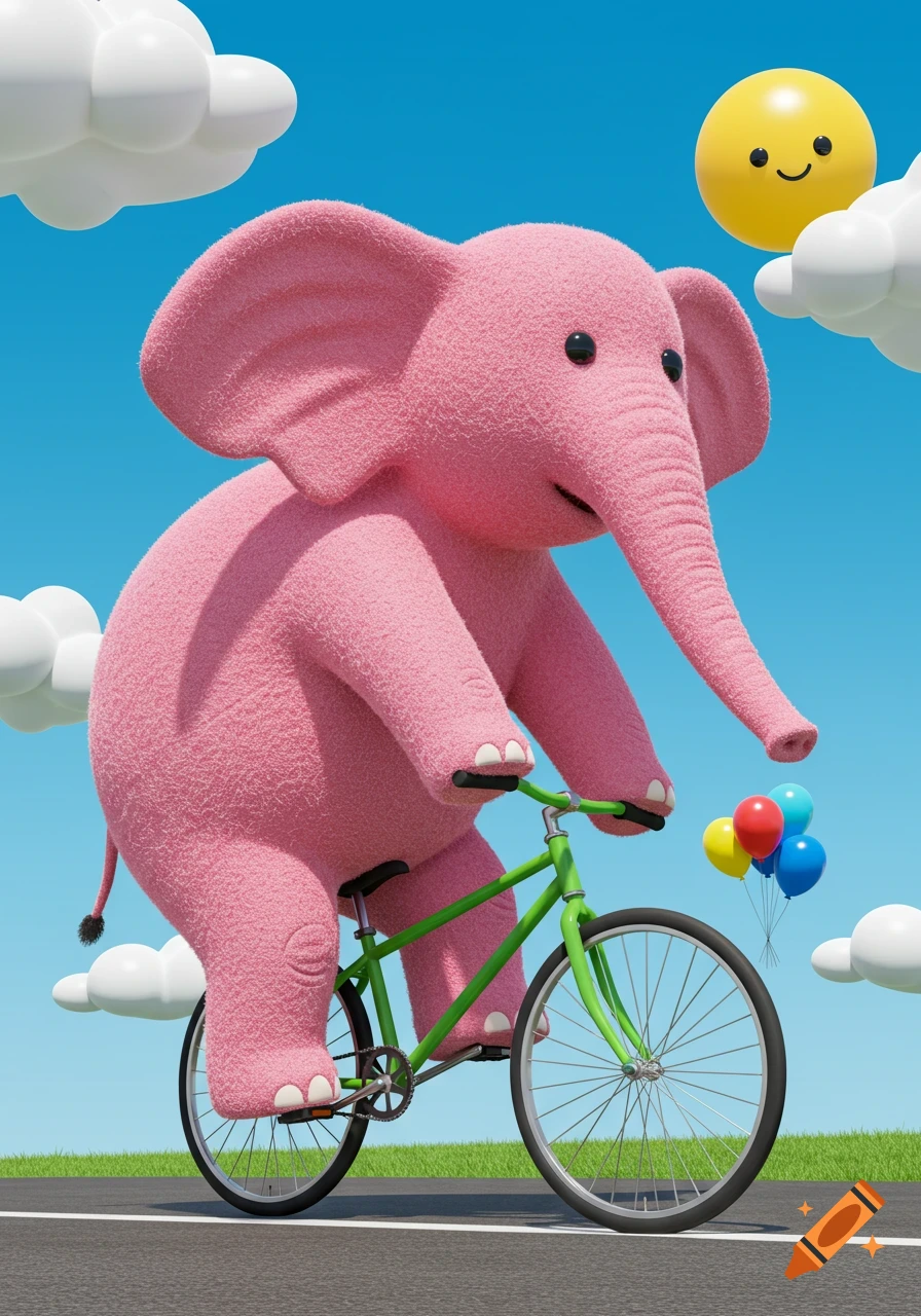 A fluffy pink cartoon elephant rides a green bicycle under a blue sky with white clouds, a smiling sun, and colorful balloons.