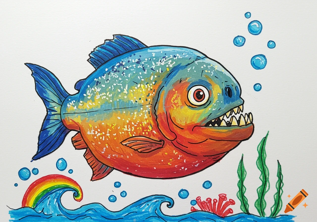 A colorful, cartoon-style piranha with large teeth swims in blue water with bubbles and plants, drawn with crayons.