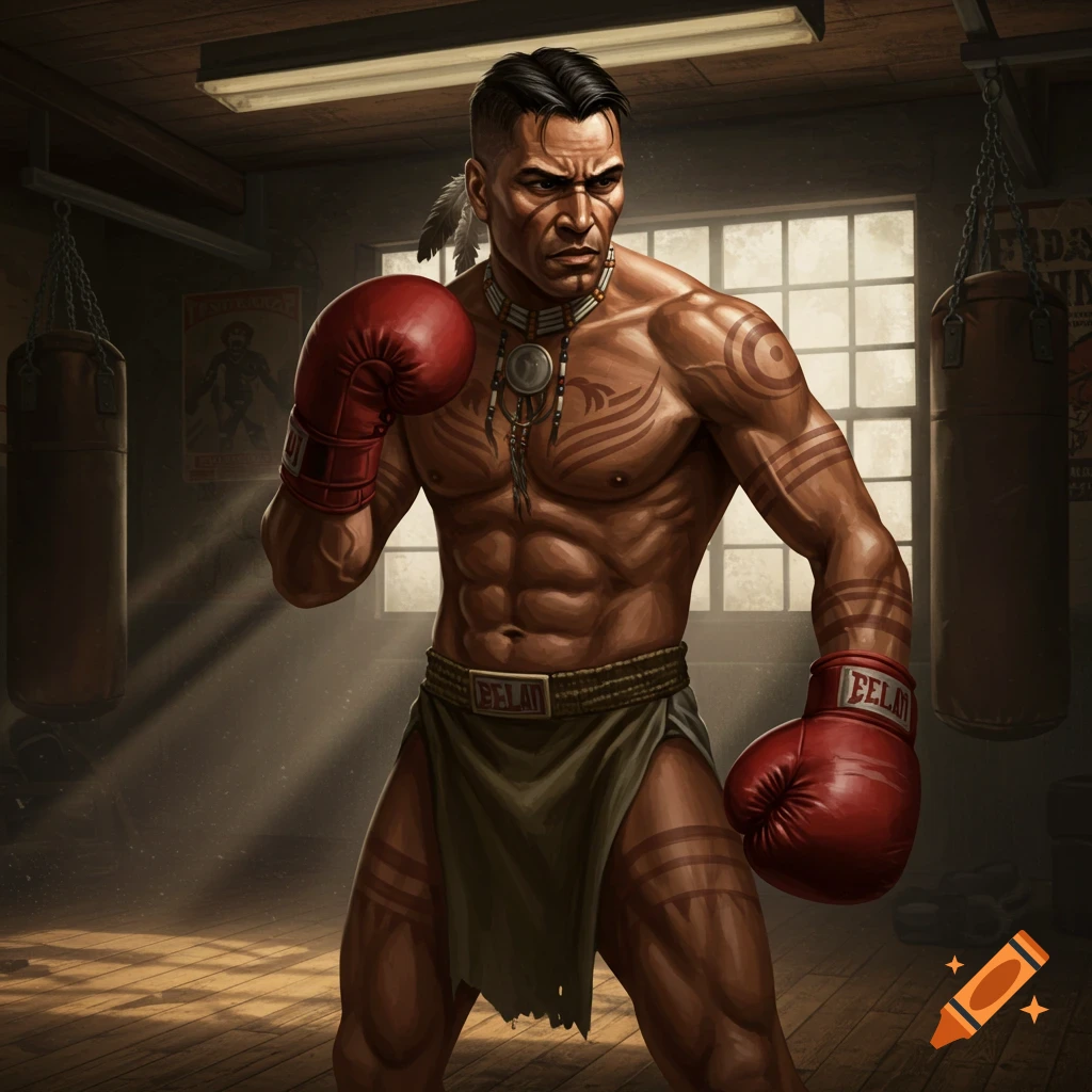 An illustrated muscular Native American male boxer with body paint, wearing red gloves and traditional attire, poses in a boxing gym.