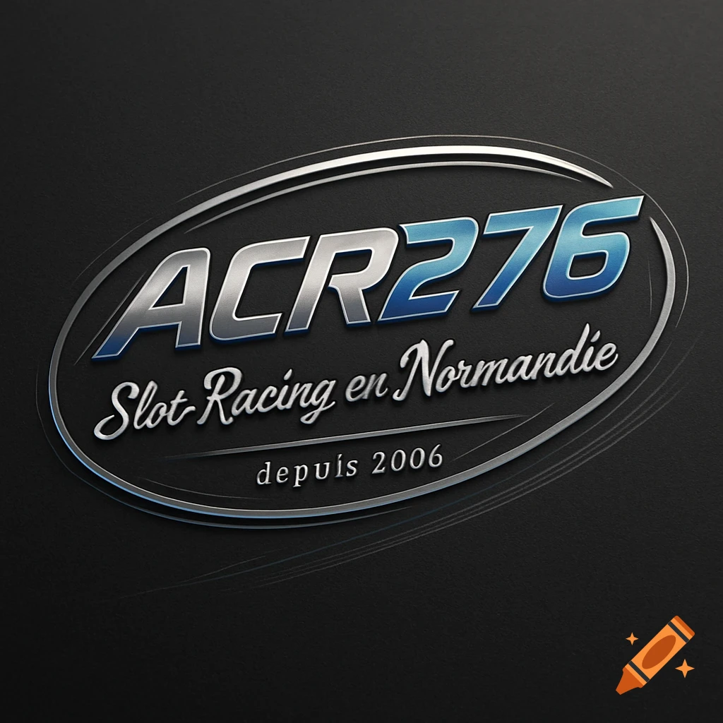 A metallic logo for 'ACR276 Slot Racing en Normandie depuis 2006' on a dark textured background.
