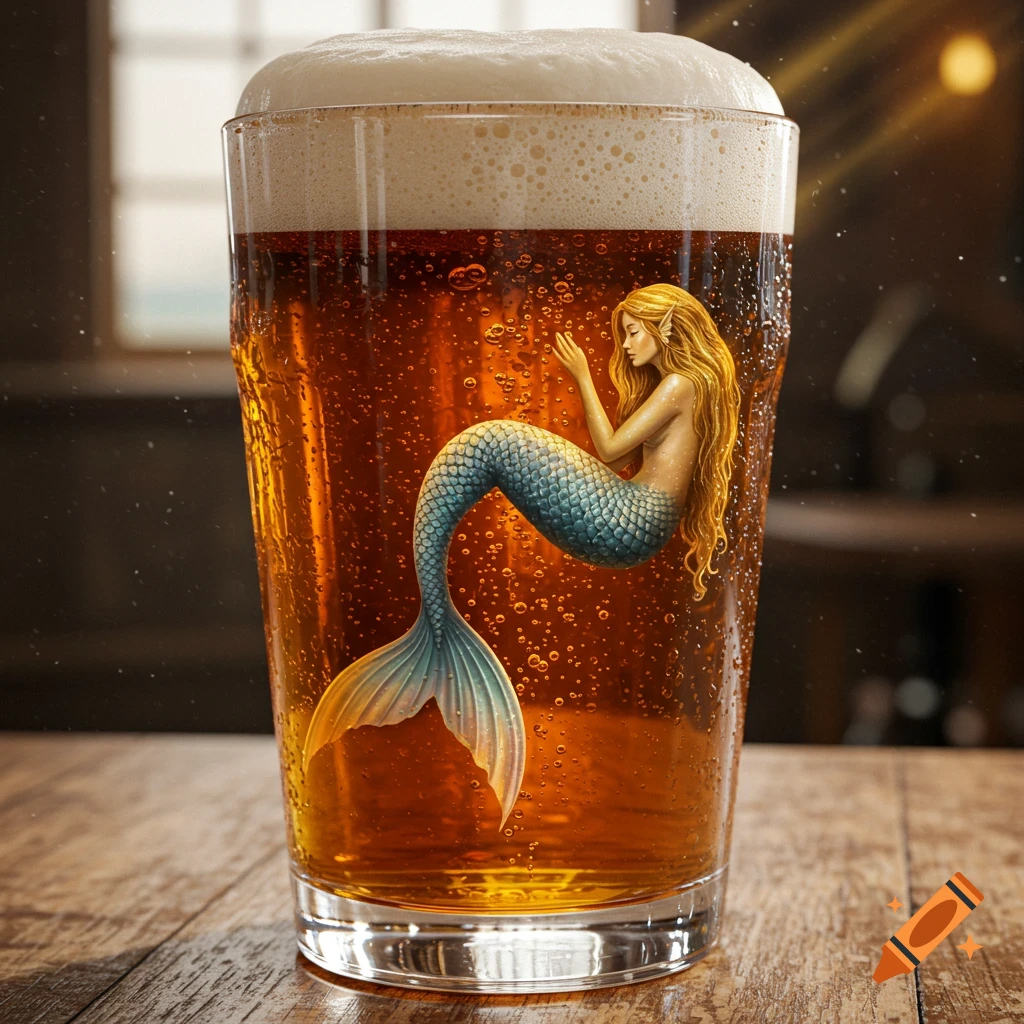 A photorealistic mermaid with long blonde hair and a blue-green tail swims in a frothy pint of beer on a wooden table.