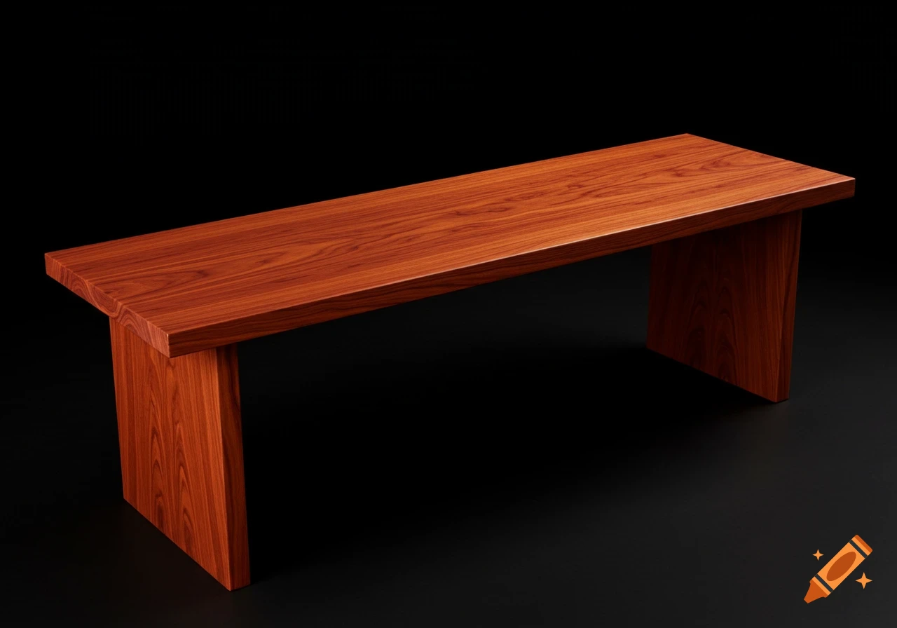 A minimalist red wood bench on a black background, photographed from a slight angle.