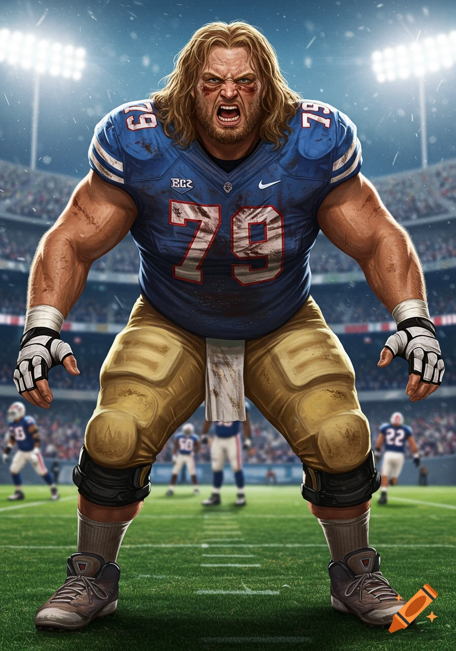 A muscular, long-haired football player in a blue "79" jersey roars in a stadium, digital art style.