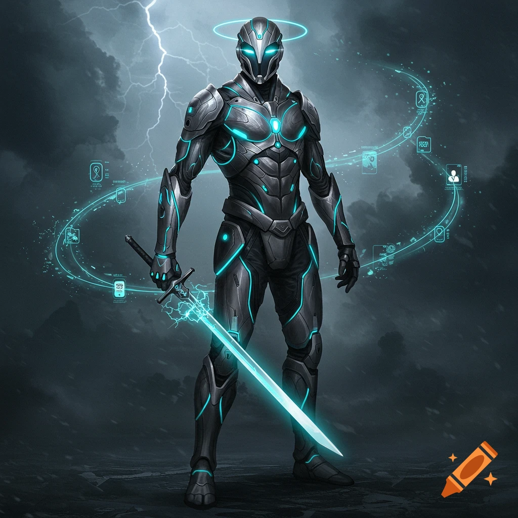 A futuristic warrior in glowing teal and gray armor stands holding a glowing blue sword, surrounded by floating holographic UI elements and lightning.