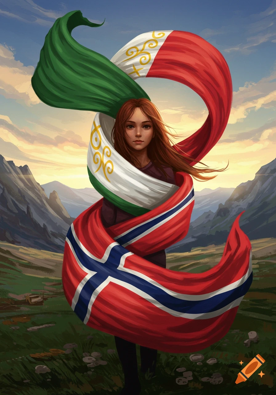 A young woman wrapped in a flowing Chechen-like flag and a Norwegian flag in a mountainous landscape at sunset, digital art.