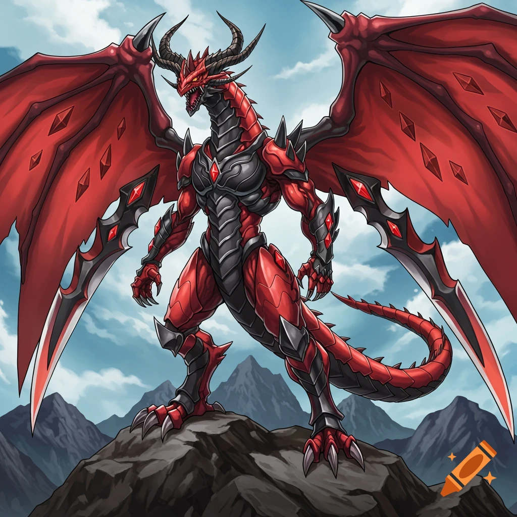 A powerful red and black armored bipedal dragon with large red wings stands on a rocky mountain under a cloudy sky in anime style.