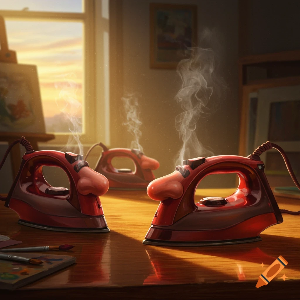 Three red steam irons with prominent human-like noses sit on a wooden table, emitting steam in an artist's studio.