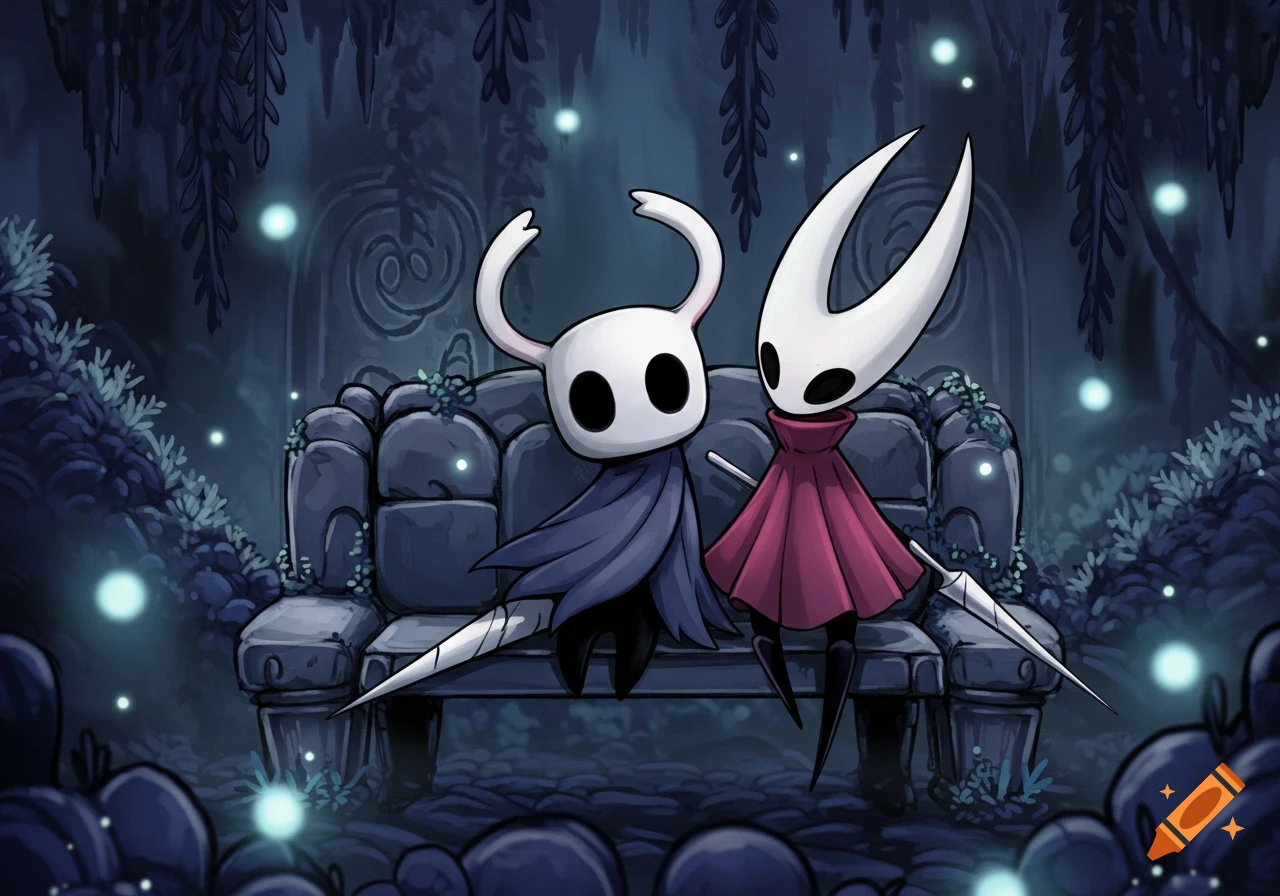 Hollow Knight characters, The Knight and Hornet, sit on a stone bench in a dark, glowing cave as Hornet pokes The Knight.