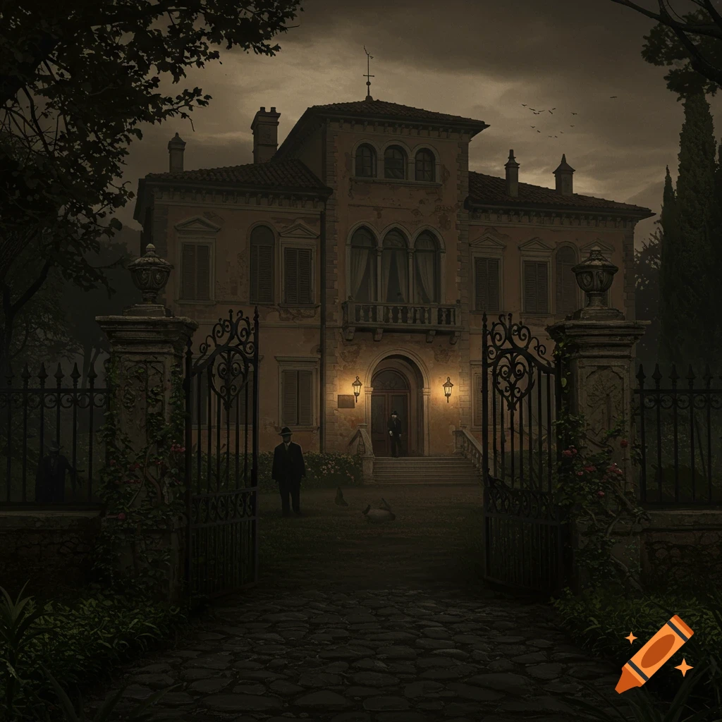 A dark, eerie old villa at dusk with a cobblestone path leading to open gates. Two men stand near the entrance.