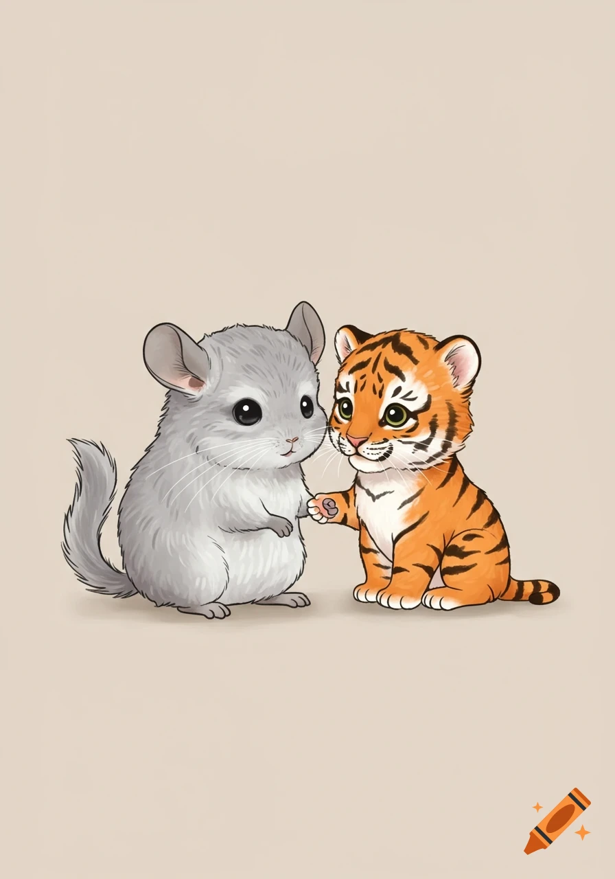 A cute cartoon chinchilla and tiger cub stand side by side, touching paws on a minimalist background.