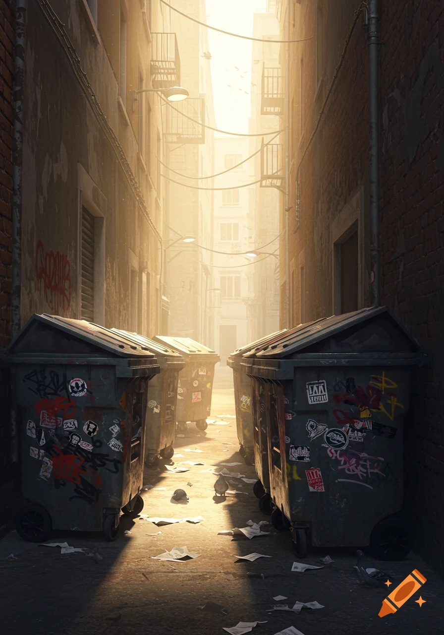 Photorealistic image of a sunlit, grimy alleyway with large, sticker-covered garbage bins lining both sides, leading to a bright opening in the distance.