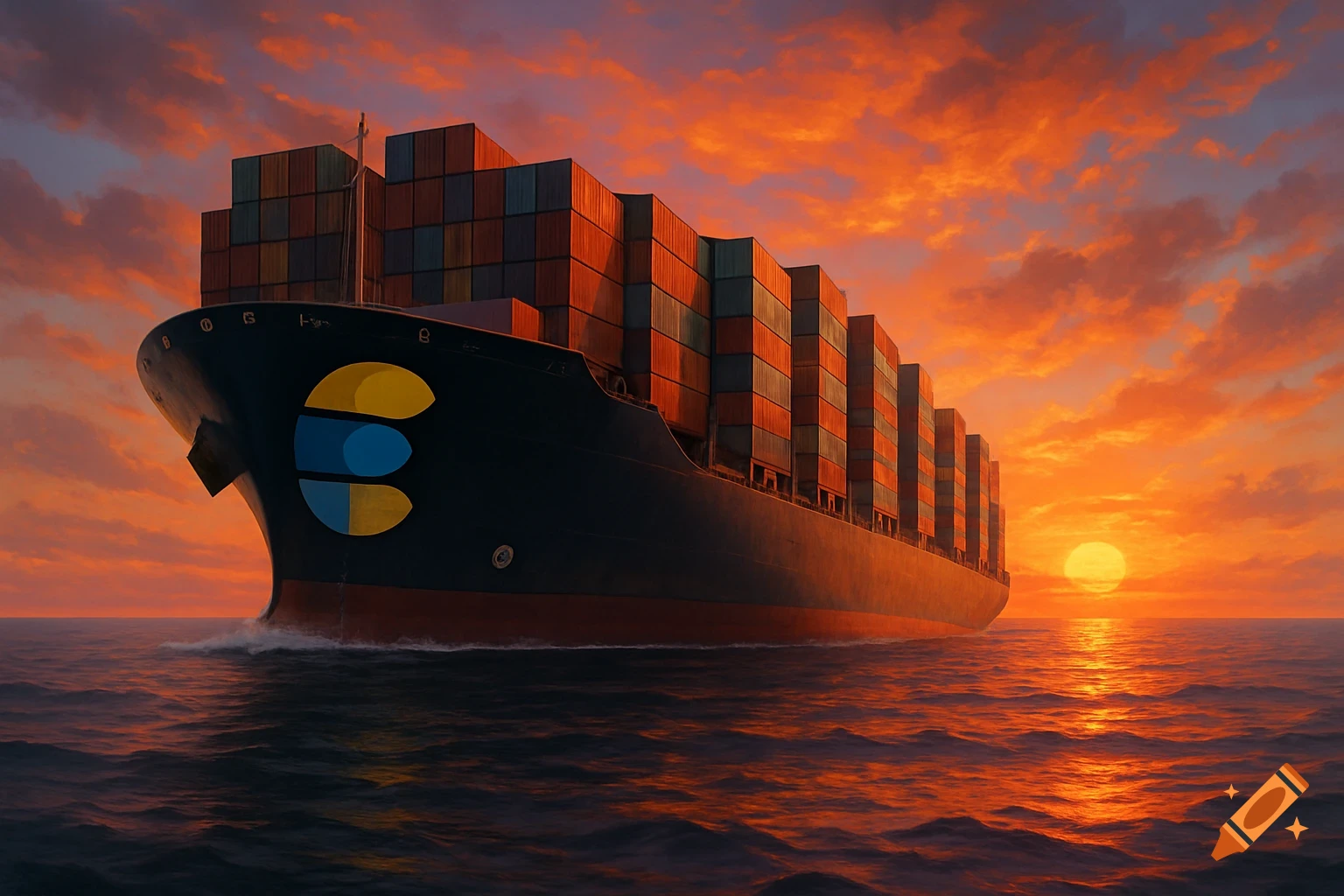 A large container ship with a stylized logo on its bow sails on choppy water into a vibrant orange and red sunset, under a dramatic sky.