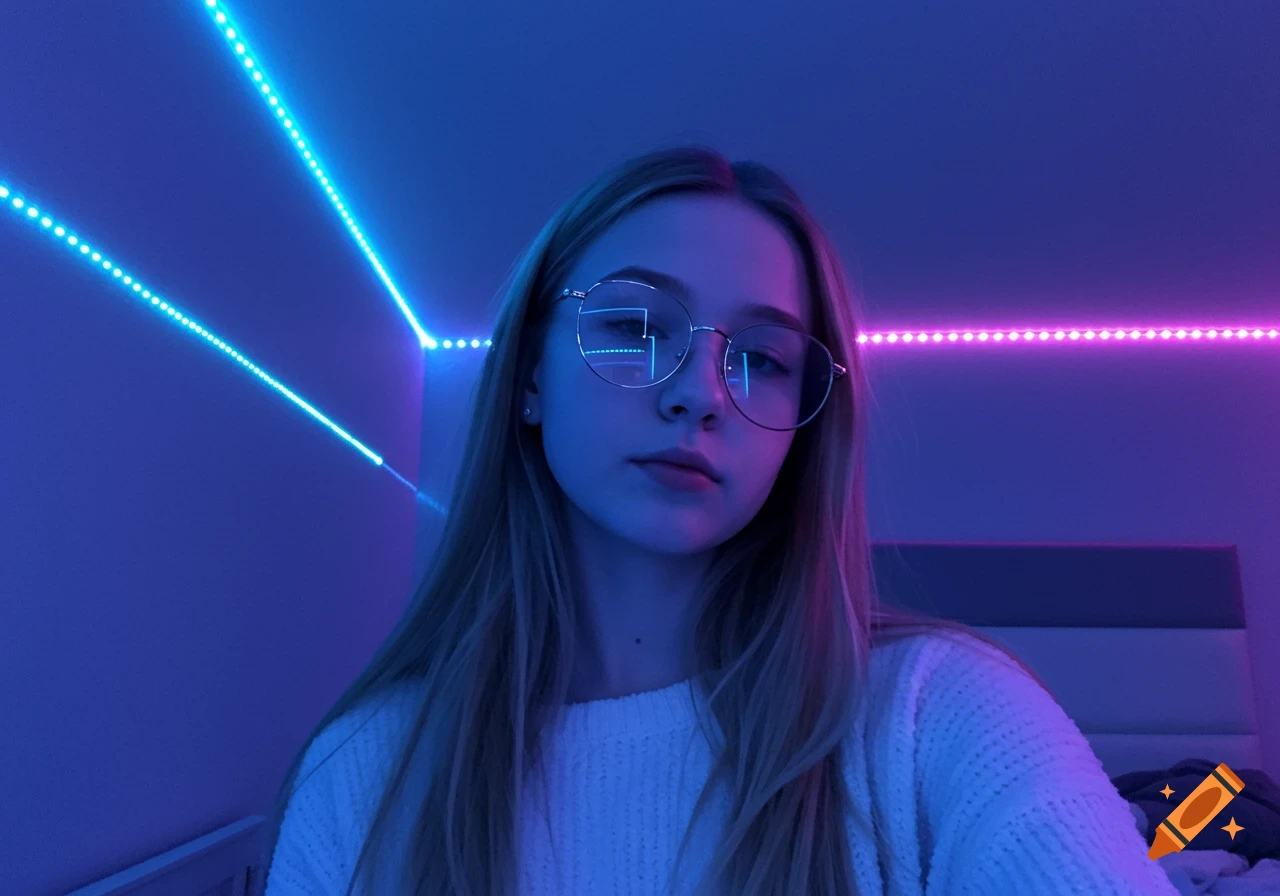 A girl with blonde hair and round glasses takes a selfie in a bedroom lit by dreamy blue and purple LED strip lights.