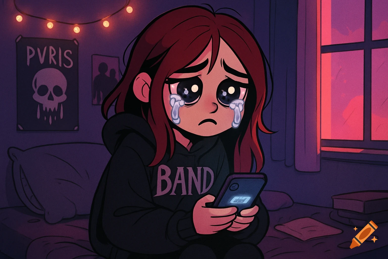 Cartoon alt girl with dark red hair crying while looking at her phone in her bedroom, a PVRIS poster on the wall.
