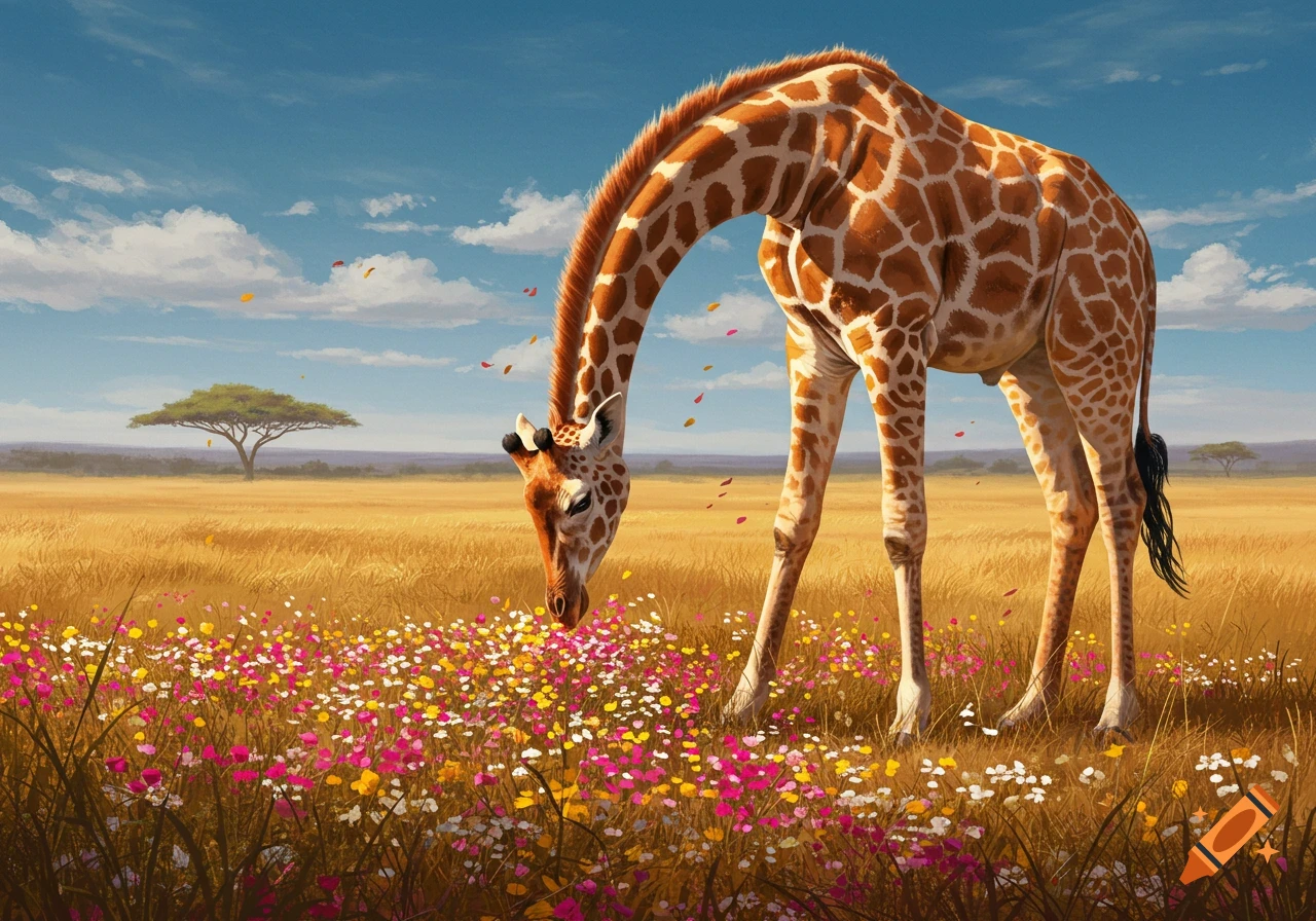 Illustrated giraffe grazing vibrant wildflowers in a sunny savanna with a distant acacia tree.