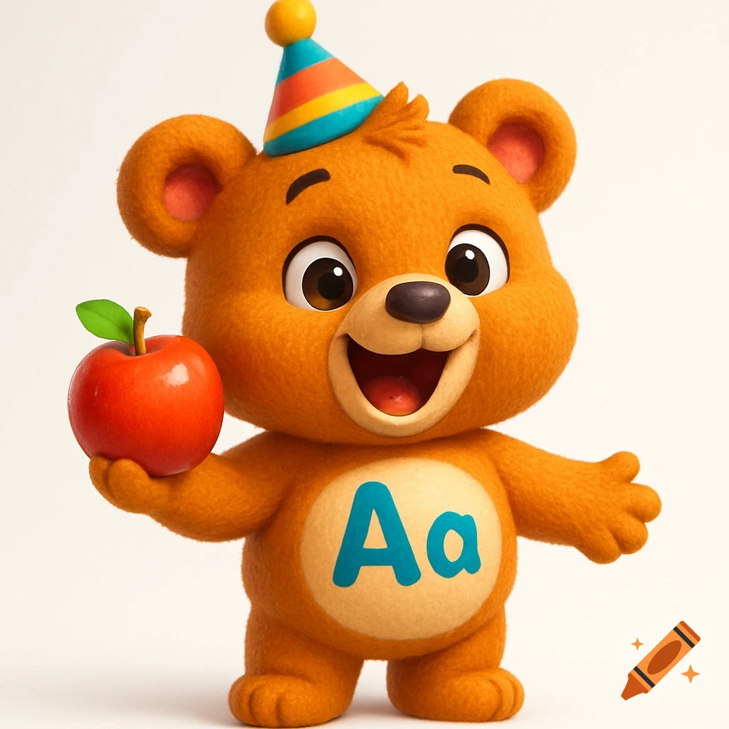Cute 3D cartoon baby bear in a colorful party hat holding a red apple, with 'A a' on its belly, on a white background.