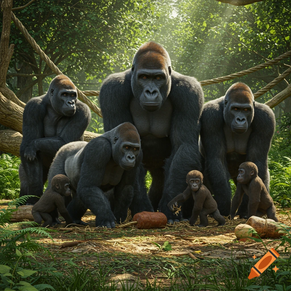A photorealistic image of a group of seven gorillas, including adults and babies, in a sunlit jungle clearing.