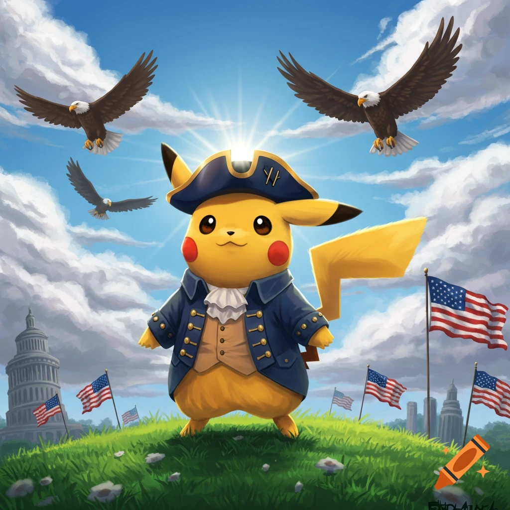 Pikachu dressed as an American patriot, wearing a colonial hat and coat, stands on a grassy hill with American flags and bald eagles flying overhead, with the Capitol building in the background.