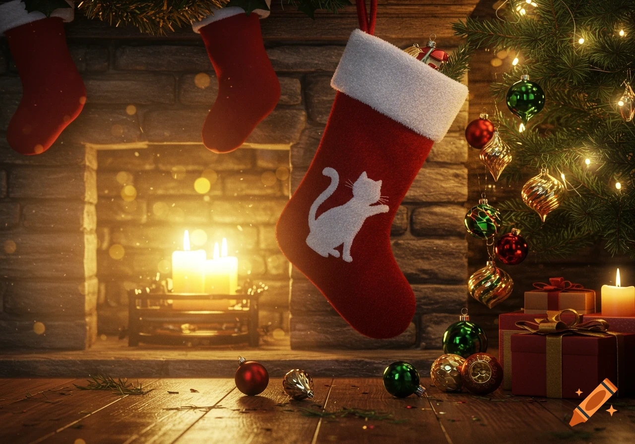 A festive Christmas scene with red stockings hanging over a fireplace, one with a white cat silhouette, surrounded by a decorated tree and glowing candles.