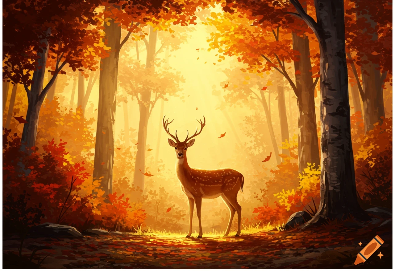 A majestic deer with antlers stands in a vibrant, sunlit autumn forest, surrounded by orange and yellow leaves.