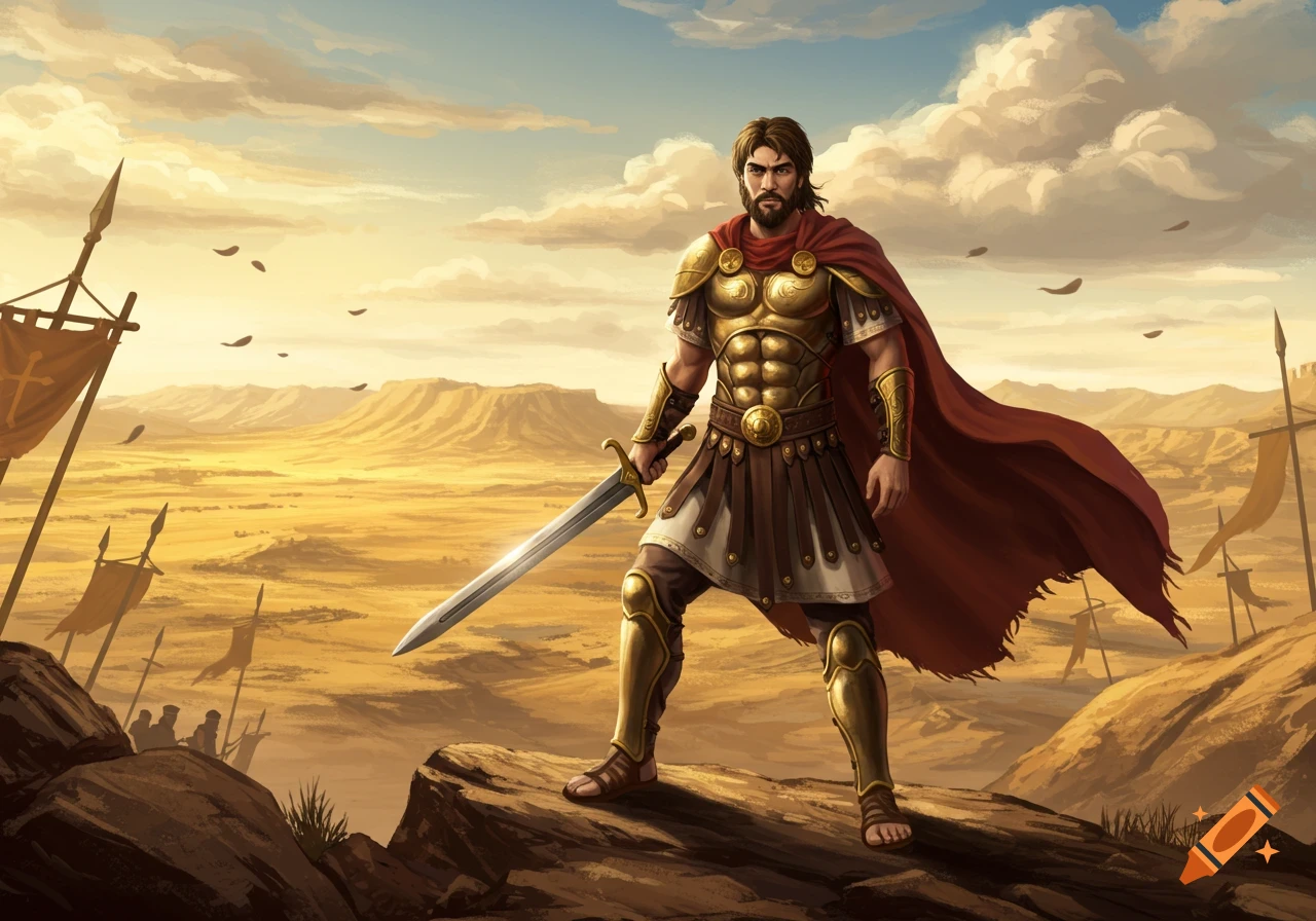 A muscular warrior in golden armor and a red cape stands with a sword on a rocky outcrop in a sunny desert. Digital painting.