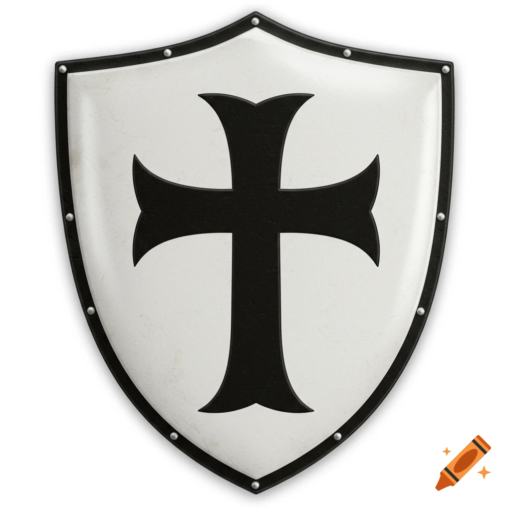A white shield with a black cross and a studded black border.