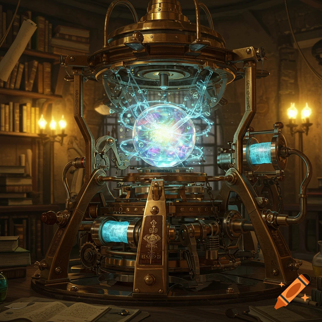 A detailed, ornate brass steampunk machine with a glowing, colorful energy sphere in a dimly lit, book-filled laboratory.