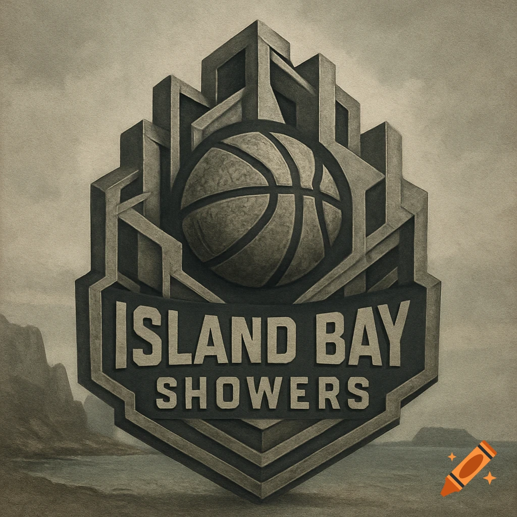Brutalist style logo for 'Island Bay Showers' with a basketball, set against a misty coastal background.