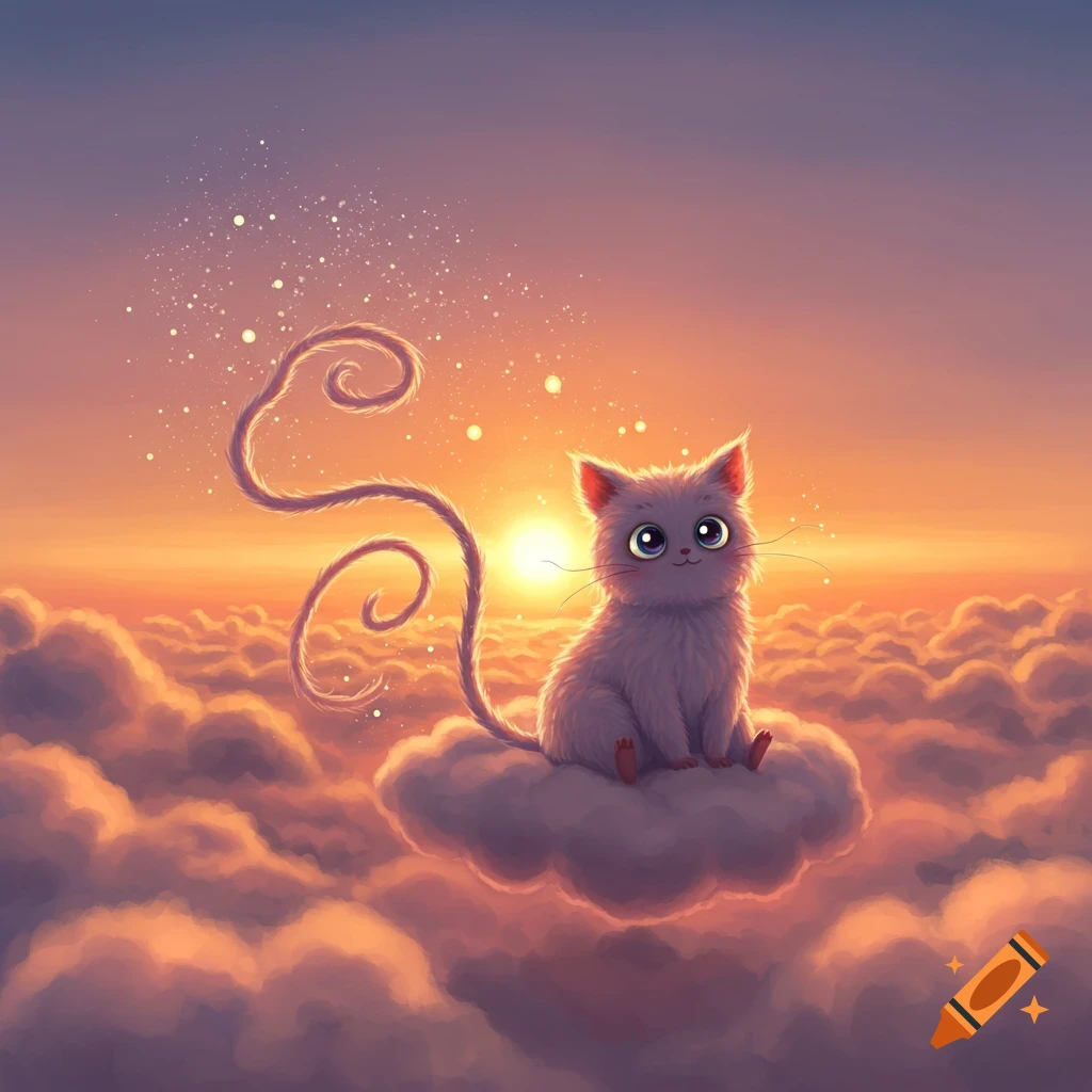 A fluffy white cat with big eyes sits on a fluffy cloud at sunset, with a long curly tail and sparkling effects.