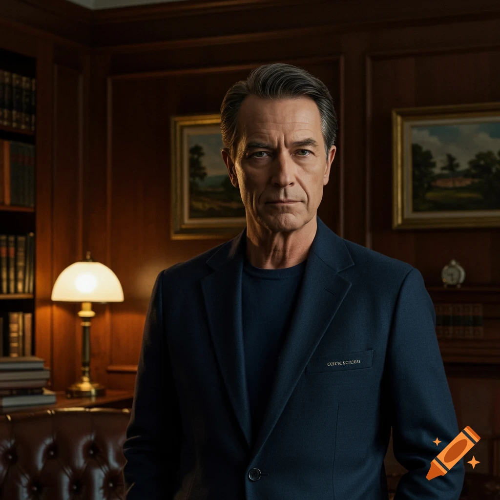 A serious-looking older man in a dark suit stands in a wood-paneled study.