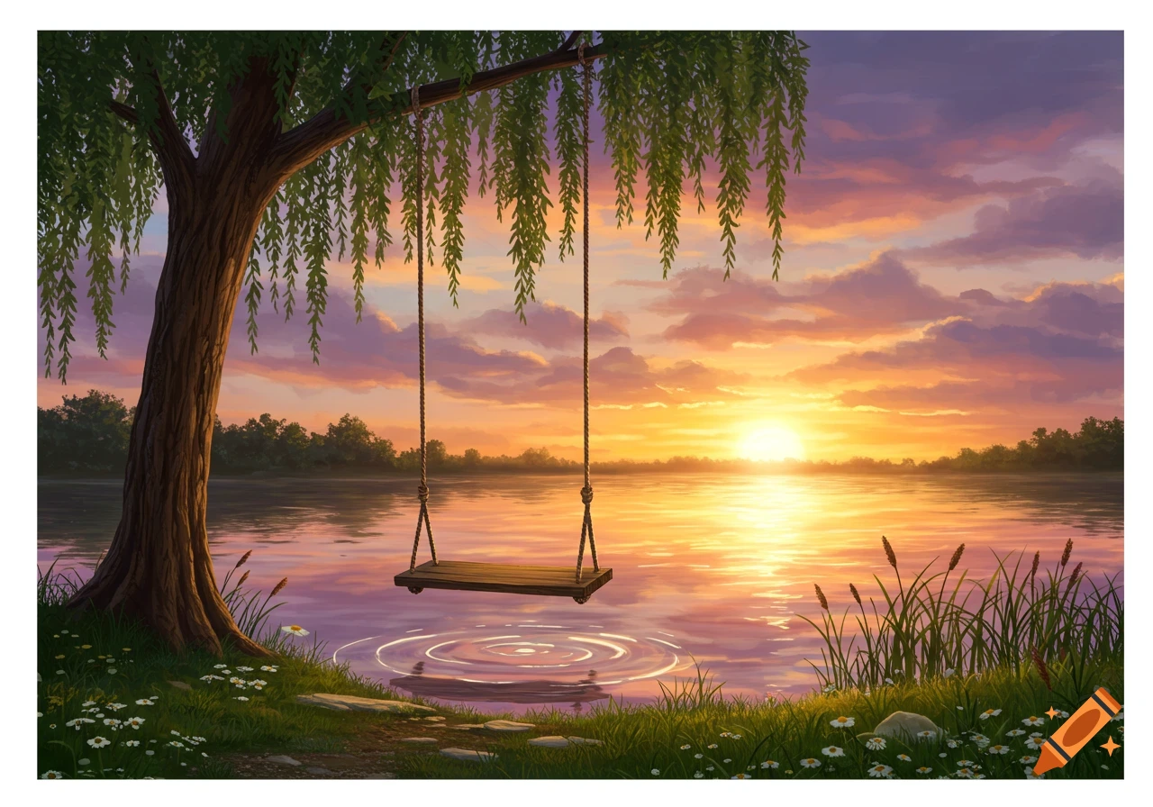 A wooden swing hangs from a weeping willow tree over a tranquil lake, reflecting a vibrant sunset with pink and orange clouds.