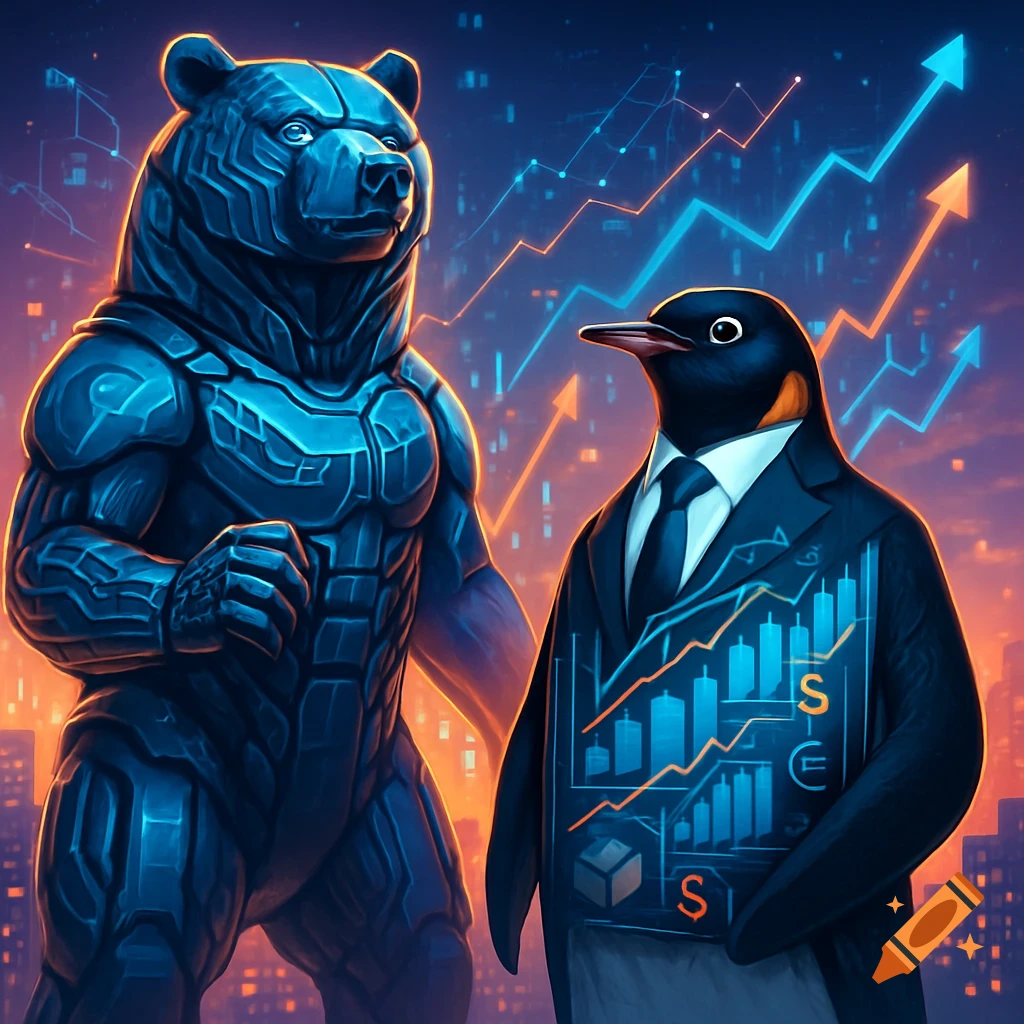 A stylized blue armored bear stands next to a penguin in a business suit with financial charts on its chest, against a futuristic cityscape with glowing graphs.
