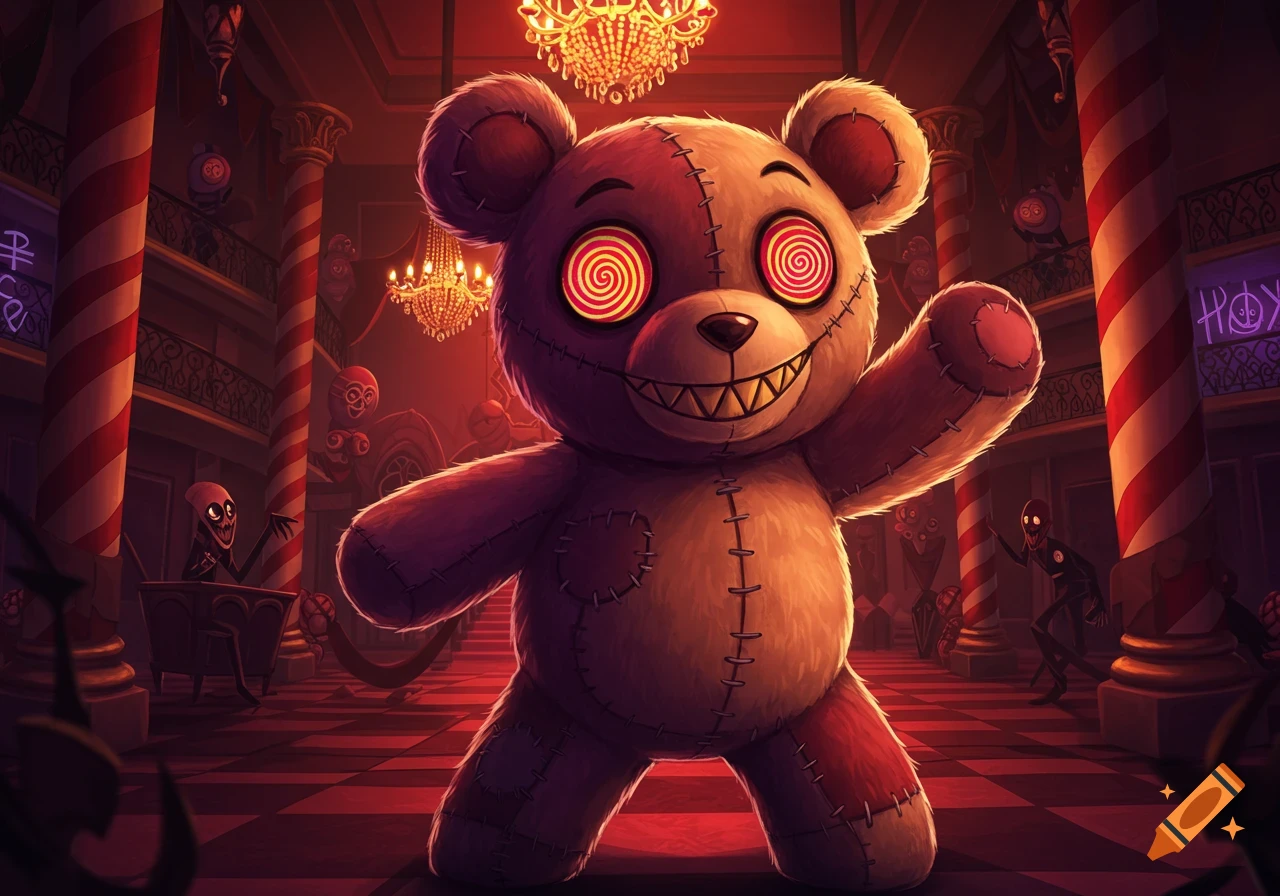 A creepy, stitched teddy bear with swirling red eyes and sharp teeth stands in a dimly lit, ominous mansion with candy-cane striped pillars and shadowy figures in the background, rendered in a cartoonish horror style.