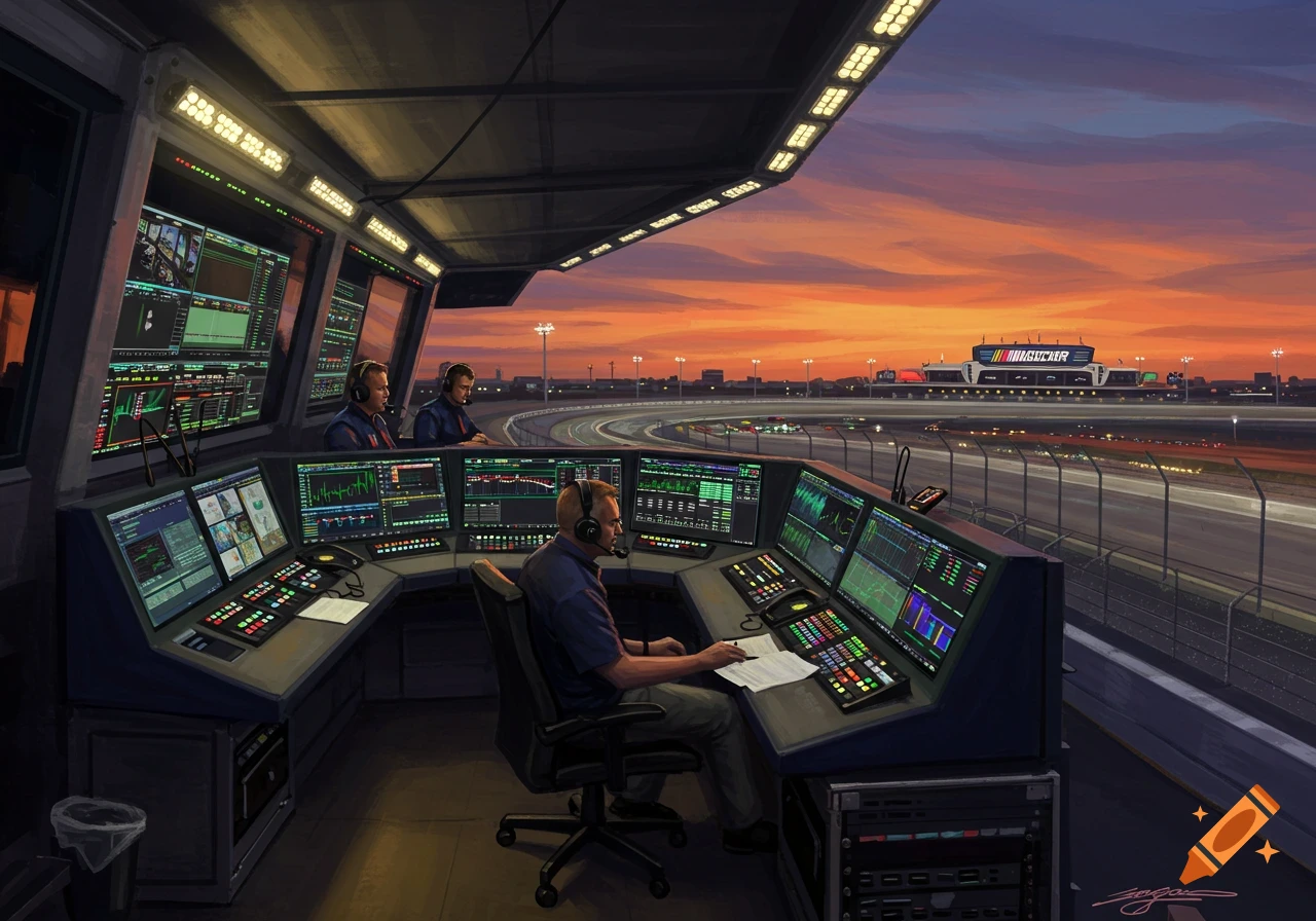 An illuminated NASCAR announcer's booth overlooks a racetrack at sunset, with crew members in headsets monitoring multiple screens displaying data.