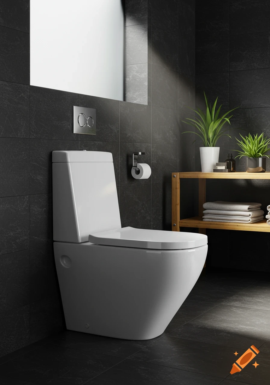 A white toilet in a modern bathroom with dark grey tiles, a toilet paper roll, and a wooden shelf with plants and towels.