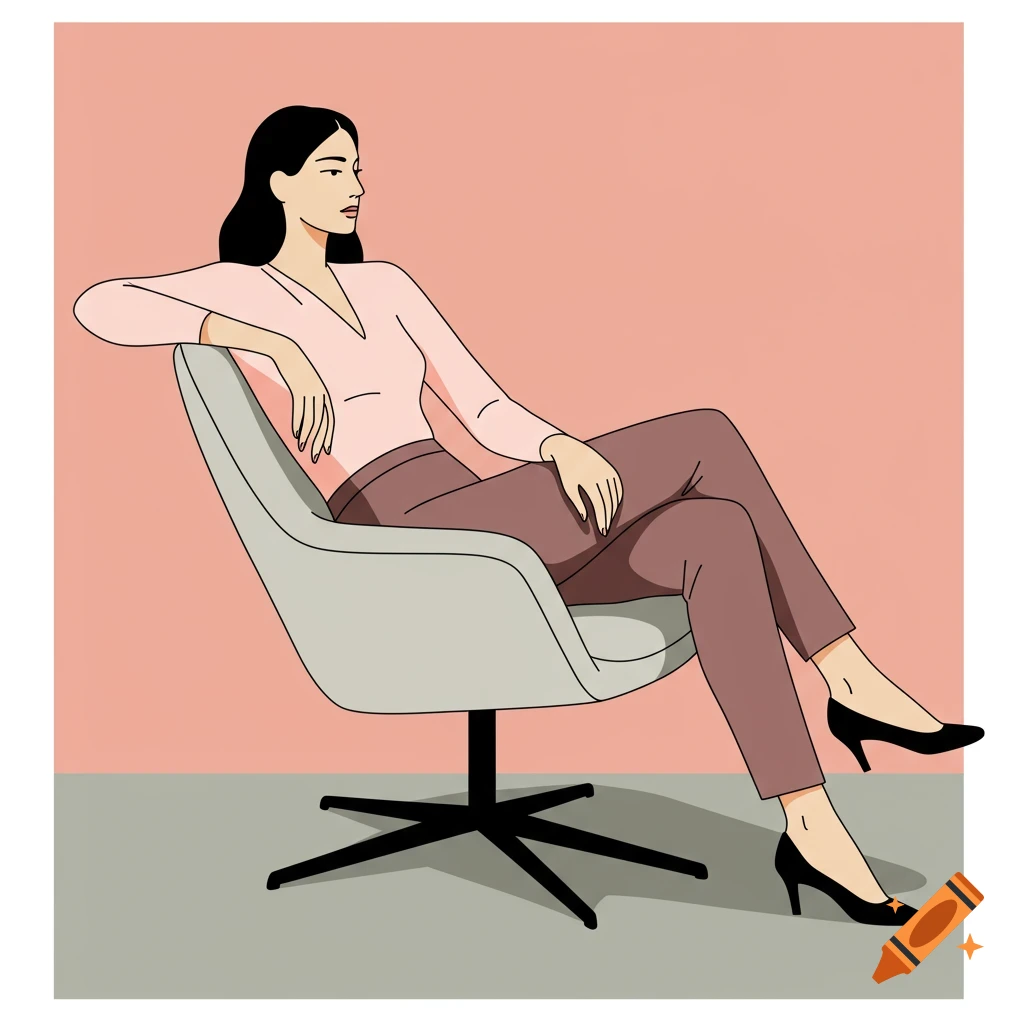 A flat illustration of a woman with black hair in a pink top and brown pants, sitting in a modern swivel chair against a pink and gray background.