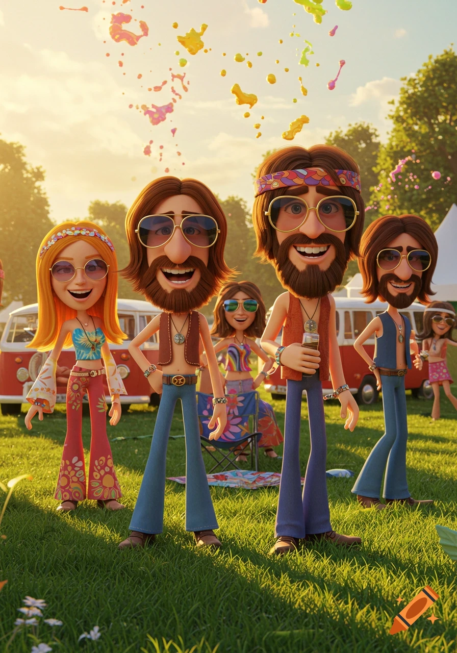 A group of smiling 3D animated hippie characters in a sunny outdoor setting with a red camper van.