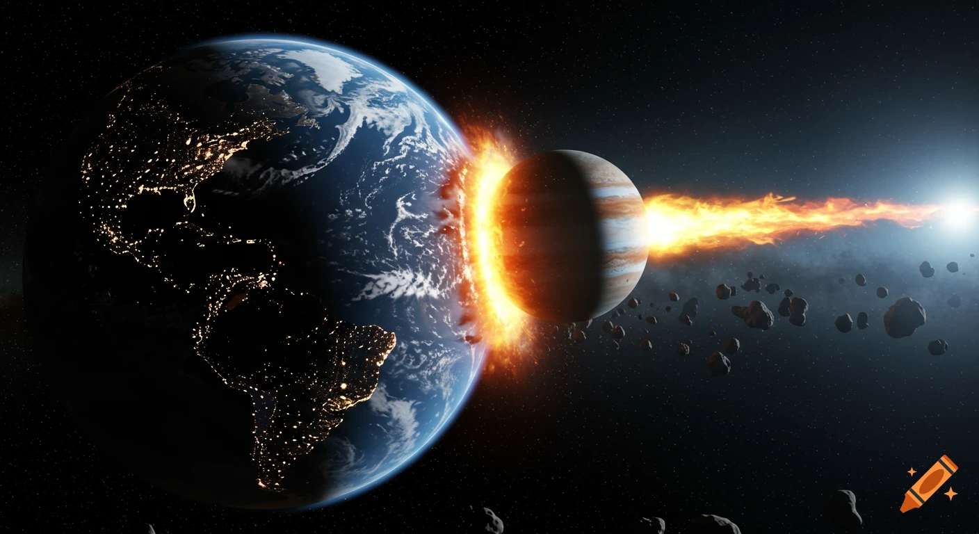 Planet Earth and Jupiter colliding in space, with a massive fiery explosion between them, surrounded by asteroids and stars.