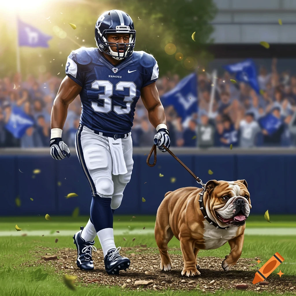 A muscular football player in a blue and white uniform walks a bulldog on a leash on a stadium field, with fans in the blurred background.