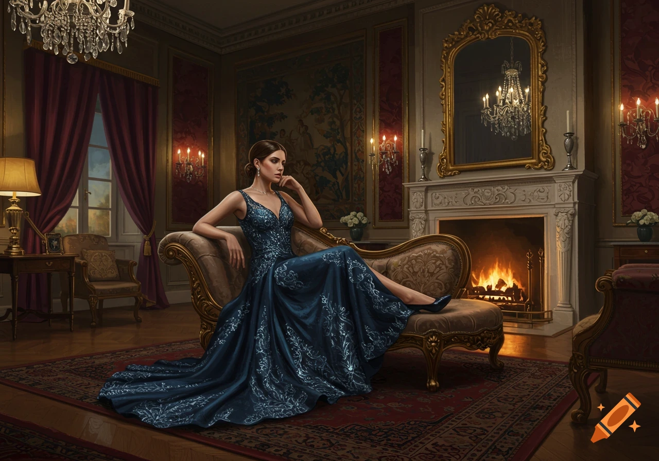 An elegant woman in a long blue gown poses on a chaise lounge in a luxurious, photorealistic living room with a fireplace.