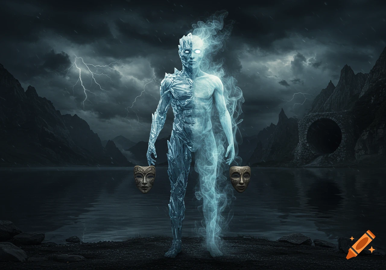 A surreal, highly detailed dark fantasy image of a split ice-and-smoke figure holding two masks by a stormy lake with mountains and lightning.