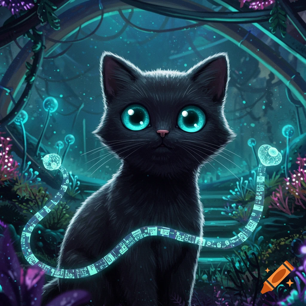 A cute black cat with large glowing blue eyes sits in a dark, glowing sci-fi forest, with a glowing blue circuit trail wrapped around it.